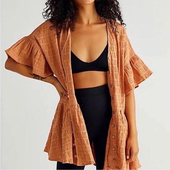 Free People Dresses & Skirts - Free People Orange Cottagecore Gauzy Flowy Stretchy Buttoned Shirt Tunic Dress